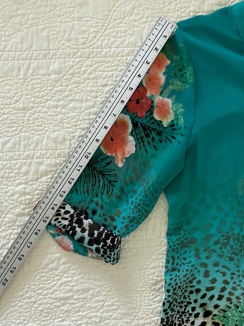 Soft Surroundings Teal Tropical Floral Cheetah Print Sheer Tunic Top Blouse Sz L - Picture 12 of 15